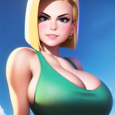 dragon ball, android 18, nai diffusion, sneed ai, stable diffusion, 1girls, blonde, blonde female, blonde hair, blonde hair female, blue eyes, cleavage, curvy, erect nipples, female