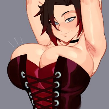 rwby, ruby rose, nezulet, 1girls, armpits, arms up, big breasts, breasts, busty, cleavage, clothing, corset, female, female only, hands behind head