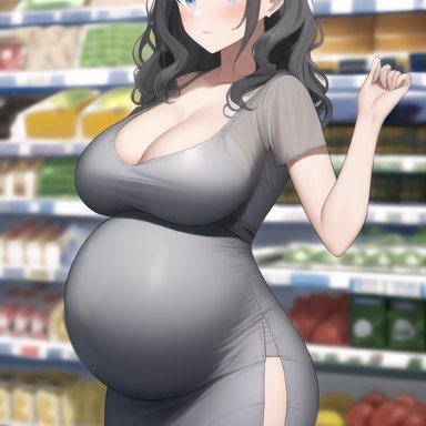 original, nai diffusion, stable diffusion, big breasts, blue eyes, blush, cleavage, curly hair, dress, female, female only, grey hair, huge breasts, pregnant, public