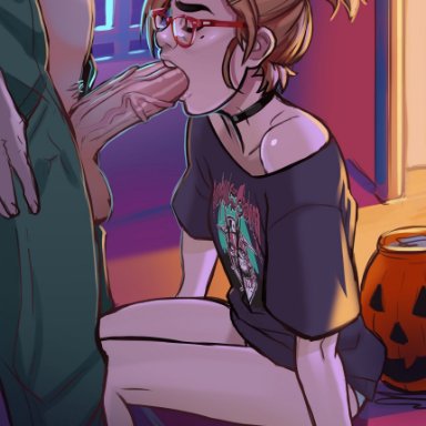 halloween, darcy redd, andava, 1boy, 1girls, big penis, blowjob, choker, female focus, glasses, halloween decoration, jack-o'-lantern, large penis, penis, ponytail