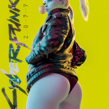 cyberpunk: edgerunners, cyberpunk 2077, rebecca (edgerunners), alenabyss, 1girls, ass, female, female only, jacket, looking back, panties, solo, solo female, thighs, tied hair