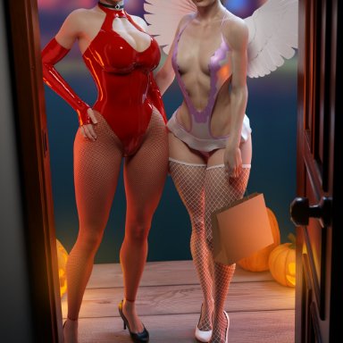 halloween, resident evil, resident evil 2, ada wong, claire redfield, batesz, 2girls, angel, asian, asian female, black hair, brown hair, devil, female, female only