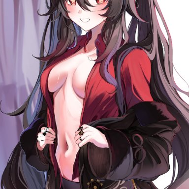 genshin impact, hu tao (genshin impact), sak (lemondisk), blush, breasts, brown hair, looking at viewer, red eyes, shorts, small breasts, smile, twintails, undressing