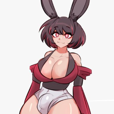 sunk118, 1futa, animal ears, big breasts, big hips, brown hair, bulge, bunny ears, bunny girl, cleavage, clothed, clothing, fully clothed, futa only, futanari