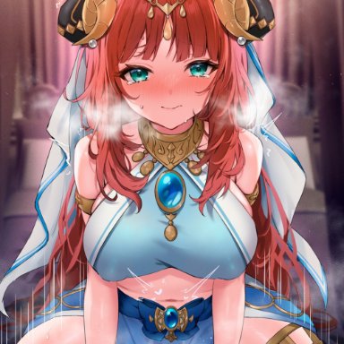 genshin impact, nilou (genshin impact), ayomo ro, 1boy, ambiguous penetration, armlet, bangs, blue skirt, blush, bracer, breasts, brooch, clothed female nude male, clothed sex, cowgirl position