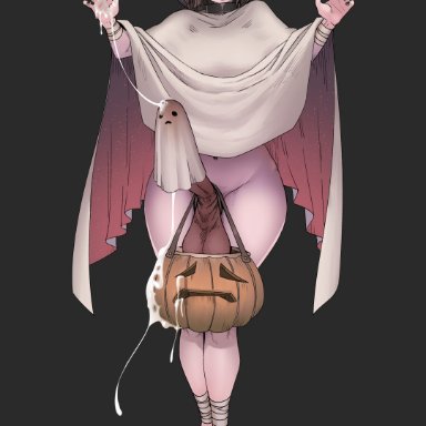 halloween, mistimagi (character), original character, mistimagi, 1futa, balls, big balls, big penis, big testicles, bottomless, breasts, brown hair, clothed, clothing, costume