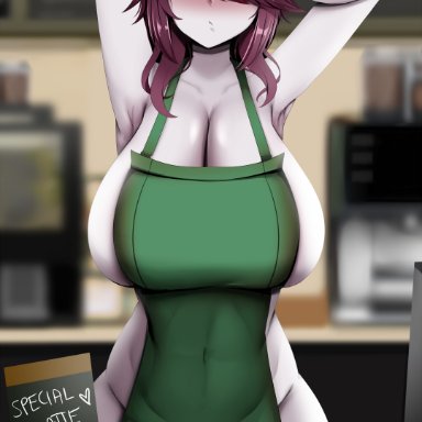 genshin impact, starbucks, rosaria (genshin impact), astraea (atelierastraea), 1boy, 1girls, abs, apron, armpits, arms up, barely clothed, barista, blush, clothed female nude male, embarassed