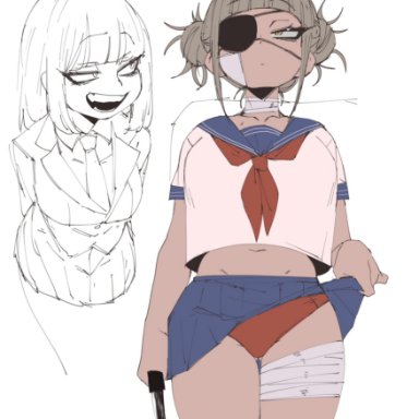 my hero academia, himiko toga, coffing (artist), 1girls, alternate costume, blonde hair, eyepatch, knife, panties, red panties, school uniform, short hair, thighs, underwear, weapon