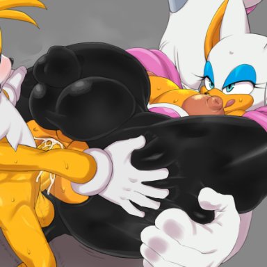 sega, sonic (series), sonic the hedgehog (series), miles prower, rouge the bat, tails, timaturixp, 1boy, 1futa, anal, anal sex, animal ears, anthro, anthro on anthro, anthro only