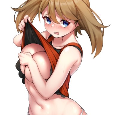 game freak, nintendo, pokemon, pokemon (game), pokemon oras, may (pokemon), nene (hong kong), 1girls, big breasts, blue eyes, blush, breasts, brown hair, covered breasts, embarrassed