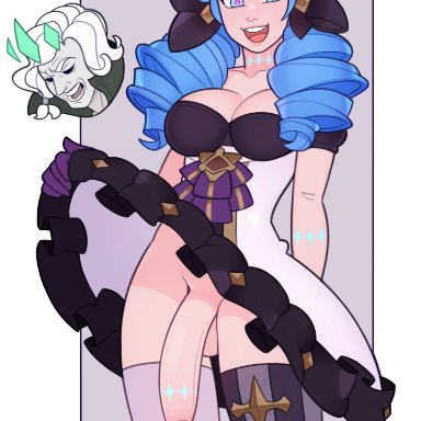 league of legends, gwen (league of legends), viego (league of legends), splashbrush, 1futa, balls, big breasts, big penis, blue hair, bottomless, breasts, clothed, clothing, erection, flashing