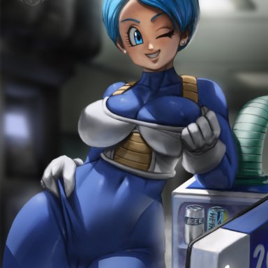 dragon ball, dragon ball super, bulma briefs, elitenappa, 1girls, armor, big breasts, blue eyes, blue hair, bodysuit, breasts, cameltoe, drink, ear piercing, female