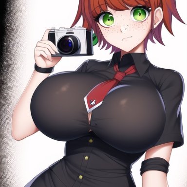 danganronpa, danganronpa v3, new danganronpa v3, koizumi mahiru, nai diffusion, stable diffusion, camera, confused, embarassed, freckles, goth, gothified, huge breasts, red tie, skull hair ornament