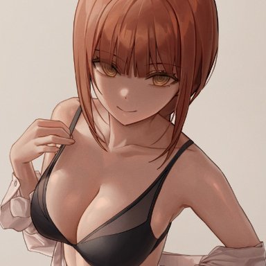 chainsaw man, makima (chainsaw man), hinaki0102, 1girls, bra, braided ponytail, breasts, eye contact, female, female focus, female only, light skin, long hair, looking at viewer, red hair