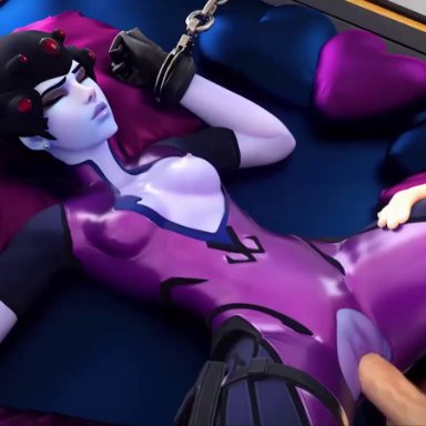 overwatch, overwatch 2, widowmaker, audiodude, cakeofcakes, 1boy, 1girls, areolae, arms up, bed, bondage, bouncing breasts, bound, bound wrists, breast out