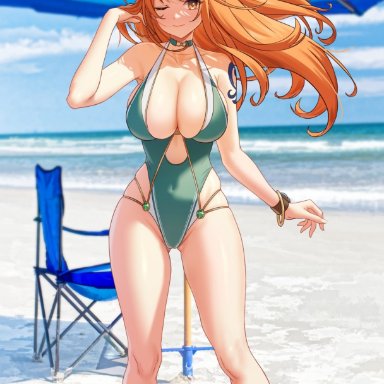 one piece, nami, solar bim, 1girls, beach, big breasts, breasts, brown eyes, busty, chair, choker, cleavage, curvy, female, female only