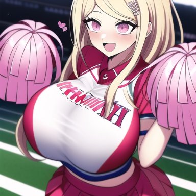 danganronpa, danganronpa v3, new danganronpa v3, akamatsu kaede, nai diffusion, stable diffusion, big breasts, breasts, cheering, cheerleader, cheerleader uniform, happy, huge breasts, ai generated, tagme