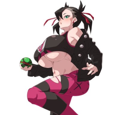 pokemon, pokemon ss, marnie (pokemon), nanashi maru, alternate breast size, big breasts, black hair, black jacket, black sports bra, cleavage, dusk ball, goth, green eyes, hair ornament, hair ribbon