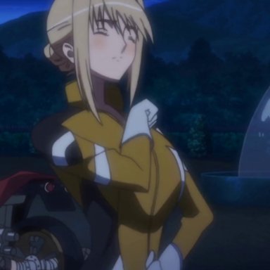 gohands, princess lover, silvia van hossen, 1girl, 1girls, :o, areola slip, areolae, bangs, biker clothes, bikesuit, blinking, blonde hair, blush, bodysuit