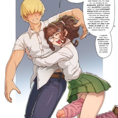 original, sulcate, 1boy, 1futa, blonde hair, breasts, brown hair, closed eyes, clothed, clothing, cock warmer, dirty talk, duo, erection, faceless
