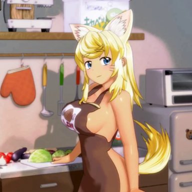 renkin san-kyuu magical pokaan, liru, seismic, 1boy, 1girls, animal ears, apron, apron aside, blonde hair, blue eyes, bouncing breasts, breasts, censored penis, censored pussy, cum