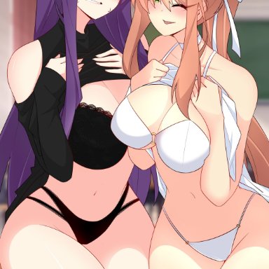 doki doki literature club, yuri (doki doki literature club), imnotshiira (artist), 2girls, black bra, black panties, black thighhighs, blush, bow, bra, brown hair, classroom, duo, green eyes, laced bra