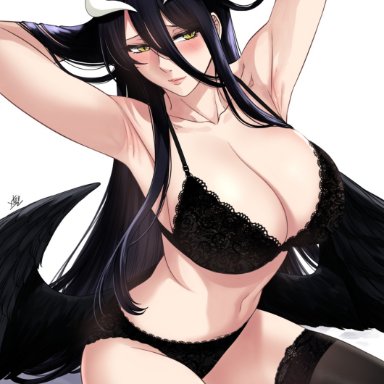 overlord (maruyama), albedo (overlord), xtermination, armpits, arms above head, arms behind, arms behind back, arms behind head, black hair, blush, bra, female, female focus, female only, hair between eyes
