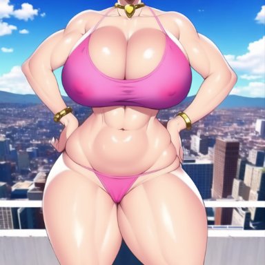 jojo's bizarre adventure, vento aureo, trish una, nai diffusion, stable diffusion, 1girls, big breasts, blue sky, blush, brown boots, cityscape, collar, curvaceous, curvy, curvy figure