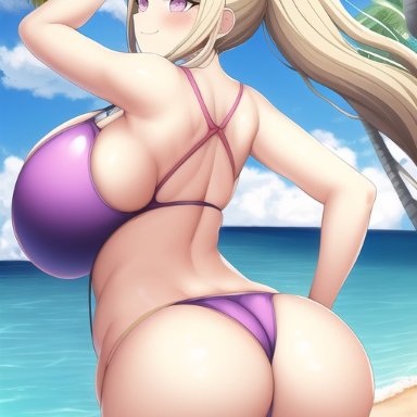 danganronpa, danganronpa v3, new danganronpa v3, akamatsu kaede, nai diffusion, stable diffusion, beach, huge ass, huge breasts, large ass, large breasts, swimsuit, ai generated, tagme