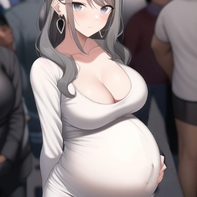 original, nai diffusion, stable diffusion, 1girls, big breasts, blush, cleavage, dress, earrings, female, female focus, grey eyes, grey hair, hand on belly, hand on stomach