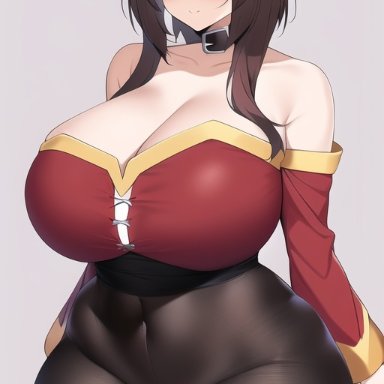 megumin, nai diffusion, stable diffusion, 1girls, big breasts, blush, breasts, brown hair, choker, eye contact, female, female focus, female only, hat, huge breasts