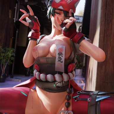 overwatch, overwatch 2, kiriko (overwatch), m71z30, breasts, green hair, riding, riding penis, white cock