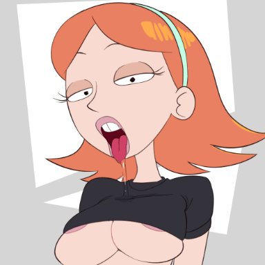 rick and morty, jessica (rick and morty), thehumancopier, breasts, drooling, eyelashes, female, ginger, looking at viewer, no bra, red hair, saliva, shirt, teenage girl, teenager