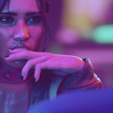 cd projekt red, cyberpunk 2077, panam palmer, fatcat17, ivywildeva, 1boy, 1boy1girl, 1girls, biting finger, black hair, black nails, braided hair, clothed, clothed female, clothed male