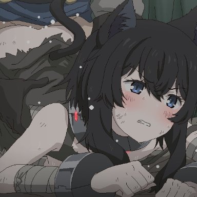 tensei shitara ken deshita, tomu (tomubobu), 1boy, 1boy1girl, ass, bandage, bandaged arm, bandaged leg, bandages, bending forward, bending over, black hair, blue eyes, blush, cat ears