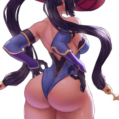 genshin impact, mona (genshin impact), superbusty, 1girls, arm sleeves, back view, big ass, gloves, hair ornament, hat, huge ass, leotard, thick ass, thick thighs, thighhighs