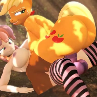 friendship is magic, hasbro, my little pony, applejack (mlp), sweetie belle (mlp), realvinyl, aged up, anthro, anthro penetrated, athletic female, athletic futanari, breasts, butt, clothing, crossgender