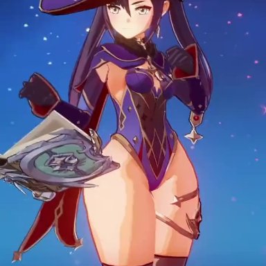 genshin impact, mona (genshin impact), hazeker, alternate ass size, curvaceous, curvy, thick thighs, thighhighs, thighs, wide hips, witch hat, animated, game cg, game mod, video