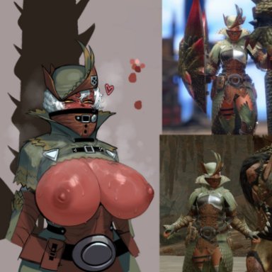 monster hunter, monster hunter rise, krekk0v, 1girls, areolae, belt, big breasts, breasts, breasts out, clothes, covered face, erect nipples, hat, heart, huge breasts