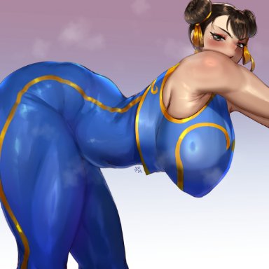 capcom, street fighter, chun-li, milileonaorochi, 1girls, asian, asian female, big breasts, bodysuit, breasts, brown hair, double bun, eye contact, female, female focus