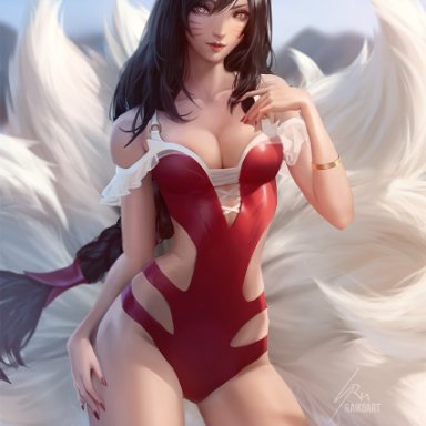 league of legends, ahri, vastaya, raikoart, 1girls, big breasts, cleavage, female, female only, light-skinned female, light skin, looking at viewer, swimsuit, tail, thick thighs