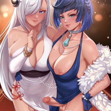 genshin impact, shenhe (genshin impact), yelan (genshin impact), exlic, 2futas, areolae, balls, big breasts, big penis, blue hair, breasts, clothed, clothing, dress, duo