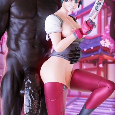 overwatch, kiriko (overwatch), blackedr34, 1boy, 1girl1boy, 1girls, balls, big penis, breasts, dark-skinned male, female, glands of montgomery, green hair, half-dressed, huge cock