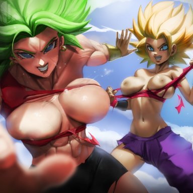 dragon ball, dragon ball super, shounen jump, caulifla, kale, kale (berserker), elitenappa, 2girls, abs, armguard, biceps, big breasts, blonde hair, blue eyes, breasts