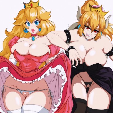 mario (series), new super mario bros. u deluxe, nintendo, super mario bros., bowsette, princess peach, nala1588, 2girls, big breasts, black fingernails, black stockings, blonde hair, blue eyes, choker, clothes lift