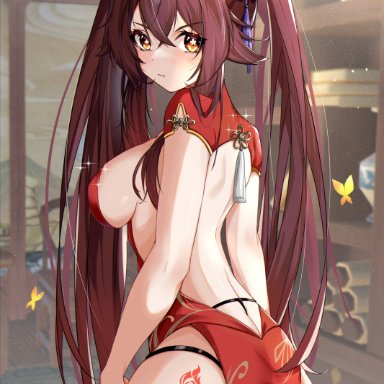 genshin impact, hu tao (genshin impact), artist request, 1girls, alternate breast size, ass, ass tattoo, backless outfit, black panties, breasts, brown eyes, brown hair, china dress, female, large ass