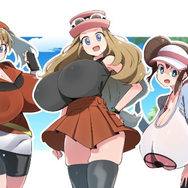 nintendo, pokemon, pokemon (game), pokemon bw, pokemon bw2, pokemon rse, pokemon xy, may (pokemon), rosa (pokemon), serena (pokemon), 3girls, adult, aged up, areola, areola bulge