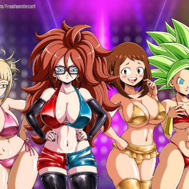 dragon ball, dragon ball fighterz, dragon ball super, dragon ball z, my hero academia, android 21, himiko toga, kefla, ochako uraraka, franfuentesart2, 4girls, abs, arm sleeves, bangs, bikini