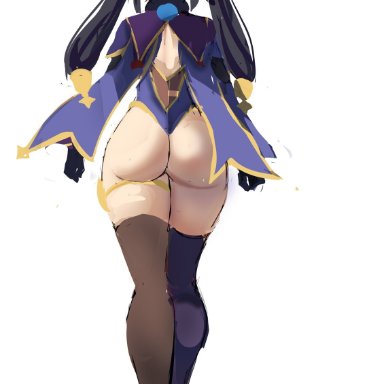 genshin impact, mona (genshin impact), rakeemspoon, 1girls, ass, back view, butt, female, female focus, female only, hat, legwear, leotard, long hair, purple hair