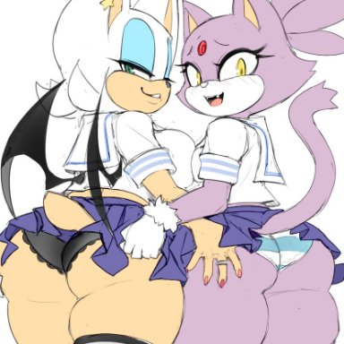 sega, sonic (series), sonic the hedgehog (series), blaze the cat, rouge the bat, krokobyaka, 2girls, anthro, anthro only, ass, ass grab, back, big ass, big breasts, blush